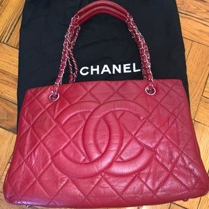 Chanel red tote with silver hardware 13x9x5 inches